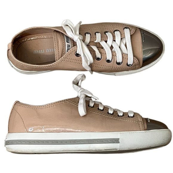 Miu Miu Tan Patent Leather Metal Cap Toe Sneakers Size 36 (US Size 6) - Picture 6 of 15